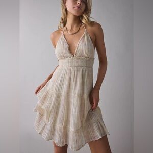 Urban Outfitters Cream Pastel Strapless Halter Smocked Waist Dress